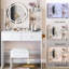 Table de coiffeuse à miroir rond de 17 po à DEL, luminosité réglable en 3 couleurs, interrupteur tactile, 2 prises AC + 1 de type C intégrées, grand miroir, rangement de grande capacité, style américain, coiffeuse blanche avec