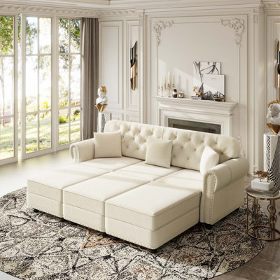 82.6” Velvet Chesterfield Sofa With Nailhead Trim And Rolled Arms, Mid-Century Modern Design, Includes 3 Pillows, Beige