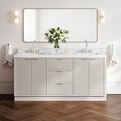 Haun 72'' Solid Wood Double Bathroom Vanity with 1.5'' Carrara Quartz Top in Warm White, Rectangular Sink
