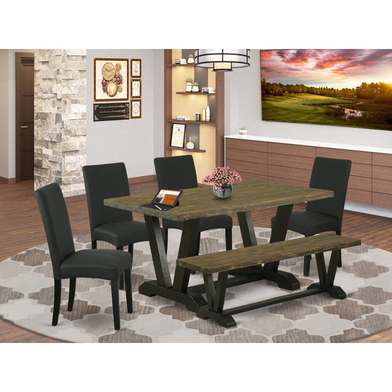 6-Pc Dining Room Set Contains a Distressed Jacobean Dining Table and Wooden Bench and 4 Black Linen Fabric Padded Chairs with High Back - Wire Brushed Black Finish