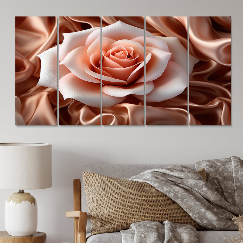 «Exquis Blossoming Pink Rose Glam Elegance I», reproduction d'art sur toile - 5 panneaux égaux