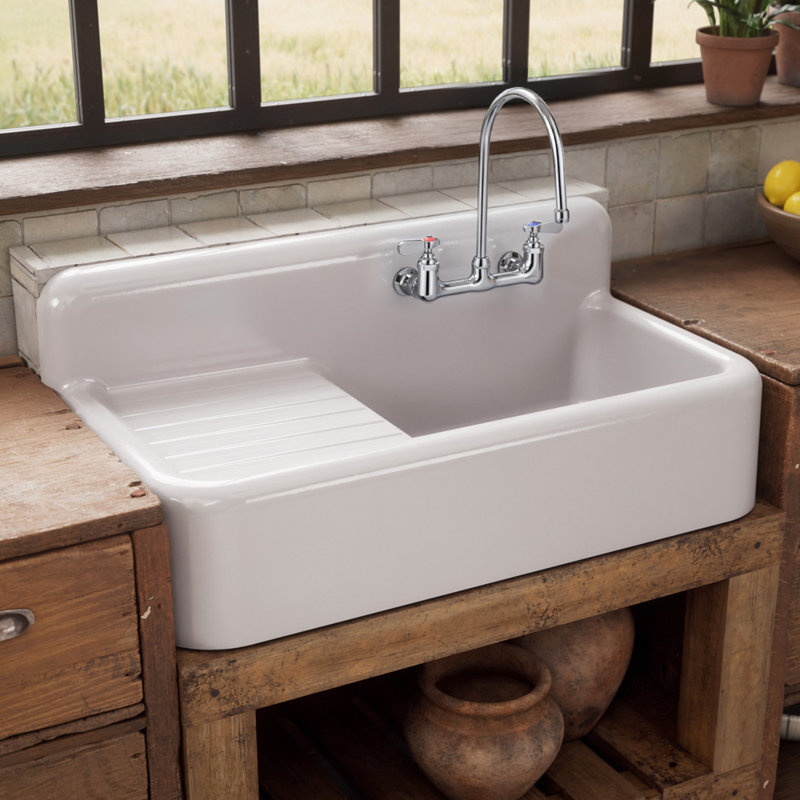 Whitehaus 42" Single Bowl Fireclay Kitchen or Utility Front Apron Sink: Integral Drainboard, High Backsplash