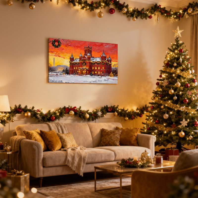 «Christmas Christmas Castle Snow Sunset Wreath Lights Trees», ensemble de 3 impressions d'art sur toile, H 16 po x l 24 po
