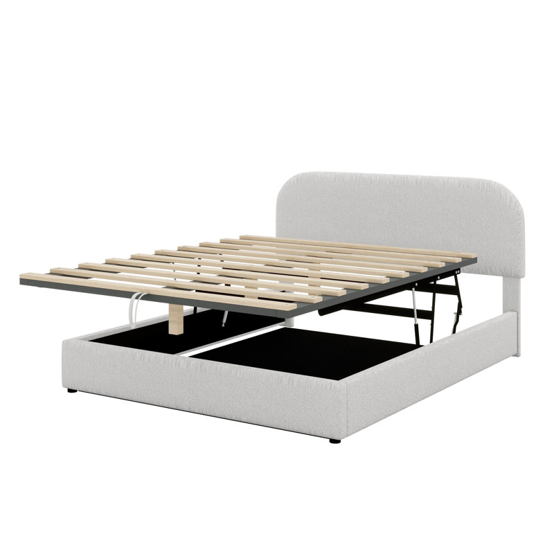 Base de lit avec rangement relevable, lit plateforme tapissier en molleton Teddy avec système de rangement hydraulique, Blanc