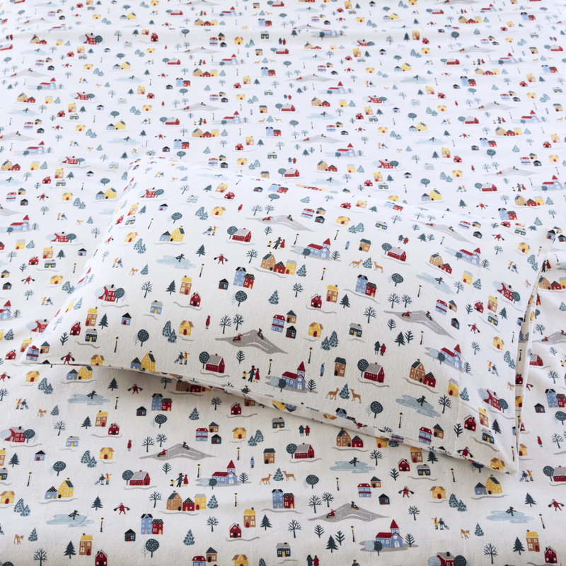 Très grand drap 4 pièces en flanelle 100% coton, imprimé village blanc, ultra doux et lavable à la machine, avec draps-housses plats