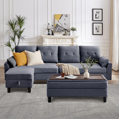 102.4" Wide Sofa with Storage Ottoman and Long Bench with Coffee Table