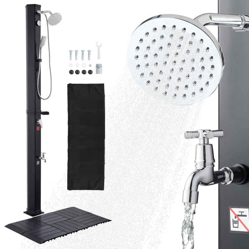 Douche solaire chauffée de 40 litres (10,6 gallons), hauteur de pommeau de douche de 2 m (6,7 pieds), avec trousse de sol, douchette et robinet au pied, réglage de l'eau chaude et froide, autoportante pour jardin, piscine, plage, noire