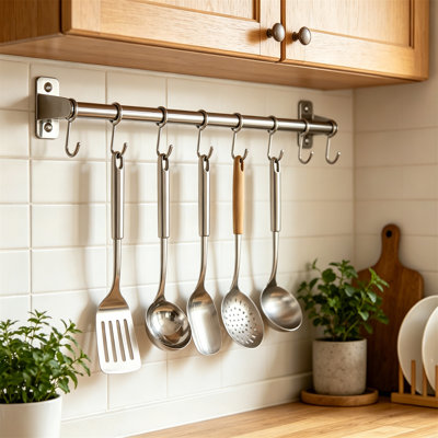 Double Bar Wall Mounted Pot Rack Set of 2, Chromed with 8 Hooks for Pans and Kitchen Utensils
