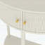 Console demi-lune artisanale à motif ondulé avec finition blanc crème, design unique en demi-lune avec tiroirs de rangement et tablette inférieure