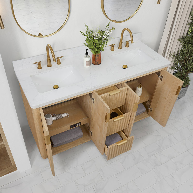 Ensemble de meuble-lavabo double 60 "avec miroir Adela, Blanc / Blanc, Doré, Brun