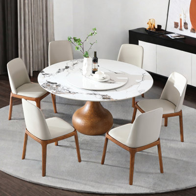 American Style 59" Round Sintered Stone Dining Table With 360rotating Lazy And 6 Chairs For Modern Compact Kitchen Turntable In Spaces