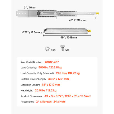 1 Pair Full Extension Drawer Slides 18 20 22 28 30 32 36 38 40 44 48 52 56 60 in, 500 lbs Load Capacity Locking Drawer Slides, Ball Bearing with Lock Side Mount Drawer Slide Rail