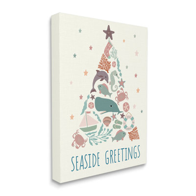 «Seaside Greetings», arbre de Noël animaux aquatiques et botanique noir, estampe numérique, art texturé par Darlene Seale