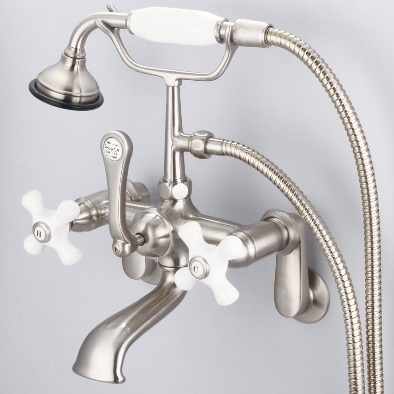 Stonington 3 Handle Clawfoot Tub Faucet, Porcelain Cross Handles, Brushed Nickel