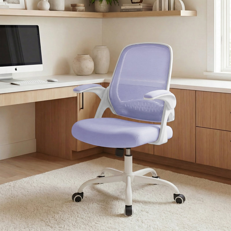 Chaise de bureau ergonomique compacte avec accoudoirs rabattables Nahjee, Mauve, Acier