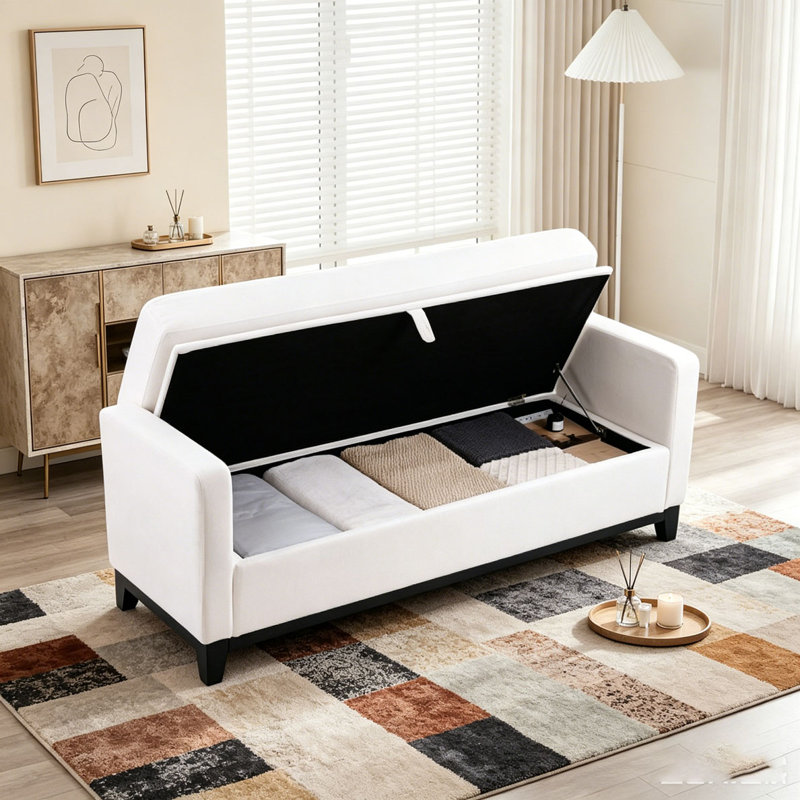 Banc rembourré en bois massif, 66 po + rangement, Beige + noir