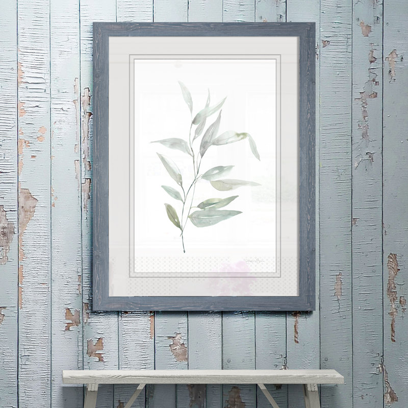 « ethereal eucalyptus ii »-impression du cadre sur verre, H 32 po x l 44 po x 1,25 po, Encadré imprimé gris