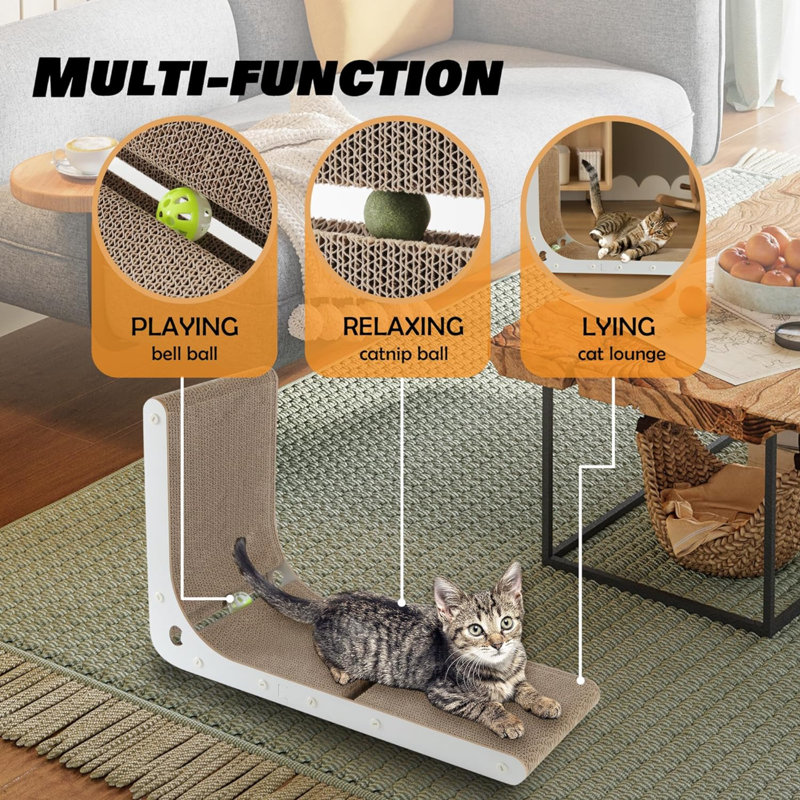 L-Shaped White and Brown Cardboard Cat Scratching Board with Catnip Toy Balls