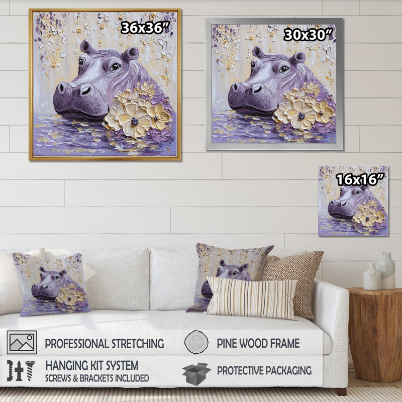 Lavande, hippopotame, pâture, les prés II - Hippopotame, impression d'art mural, H 30 po x l 30 po, Blanc