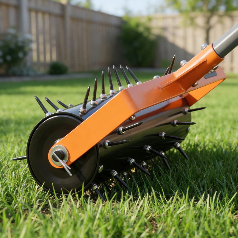 Aérateur à gazon roulant, rouleau aérateur manuel à poussée de 15 po avec 42 pointes et 60 po à manche long, tambour remplissable pour un poids supplémentaire, pénétrateur de sol pour pelouse robuste pour sols de jardin compactés
