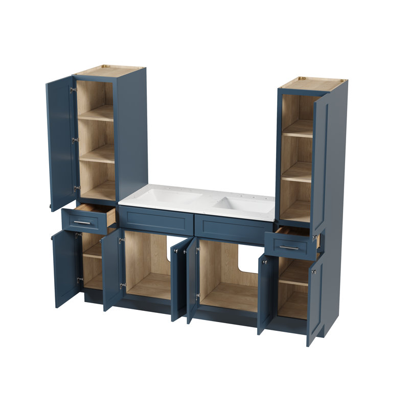 Meuble-lavabo double 78 po avec comptoir en quartz de Carrare et armoires en lin, Bleu