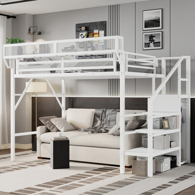 Lit mezzanine simple TG avec escalier, lit mezzanine double en métal avec tablettes de rangement, lit mezzanine haut avec garde-robe pour les enfants adolescents