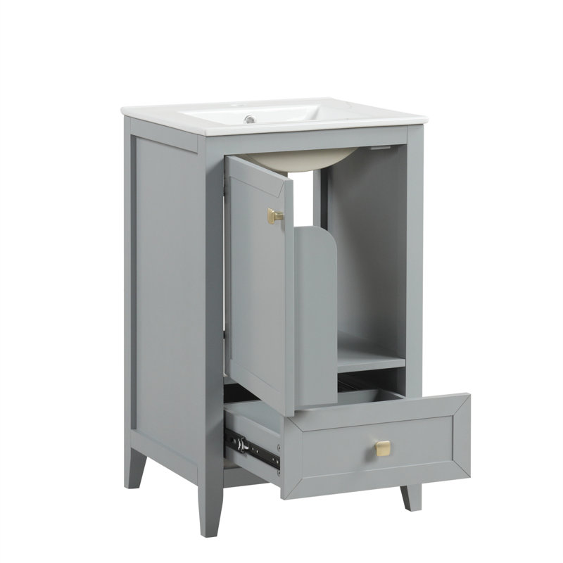 Meuble-lavabo de 20 po avec lavabo, porte à fermeture douce et support de rangement, Gris