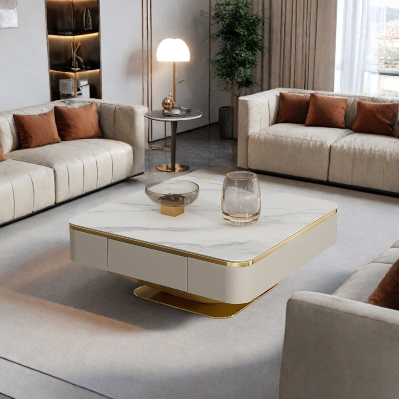 Table basse Italian, H 15,4 po x L 31,5 po x l 31,5 po, Blanc / Gris, Doré