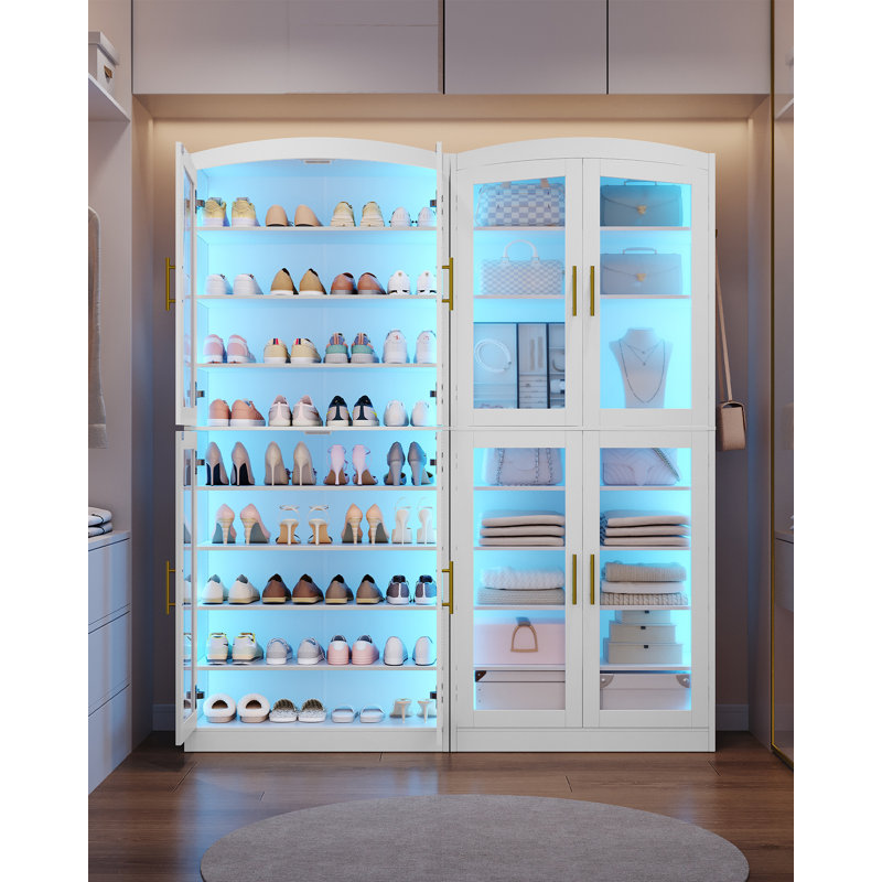9 Tier Shoe Storage Cabinet, Modern Tall Shoe Cabinet with Adjustable Shelves, 36-40 Pairs, Display Case with Glass Doors & LED Lights, Tall Glass Cabinets for Hallway, White