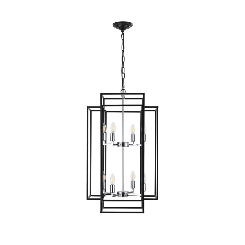 Luminaire suspendu géométrique moderne de 18 po à 8 lumières, noir industriel et chrome avec cadre en métal à hauteur réglable pour le salon de la cuisine
