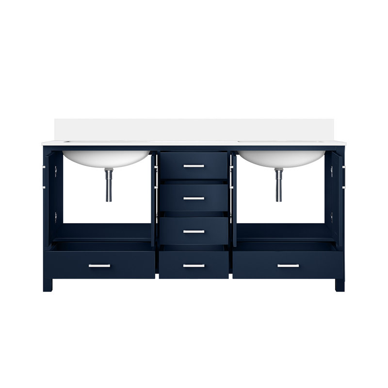 72 po Meuble-lavabo double bleu marine avec comptoir en quartz blanc - Bois massif, fermeture en douceur, égratignures et taches, beaucoup de rangement dans la salle de bain bohémienne, comptoir en bois, portes fermées