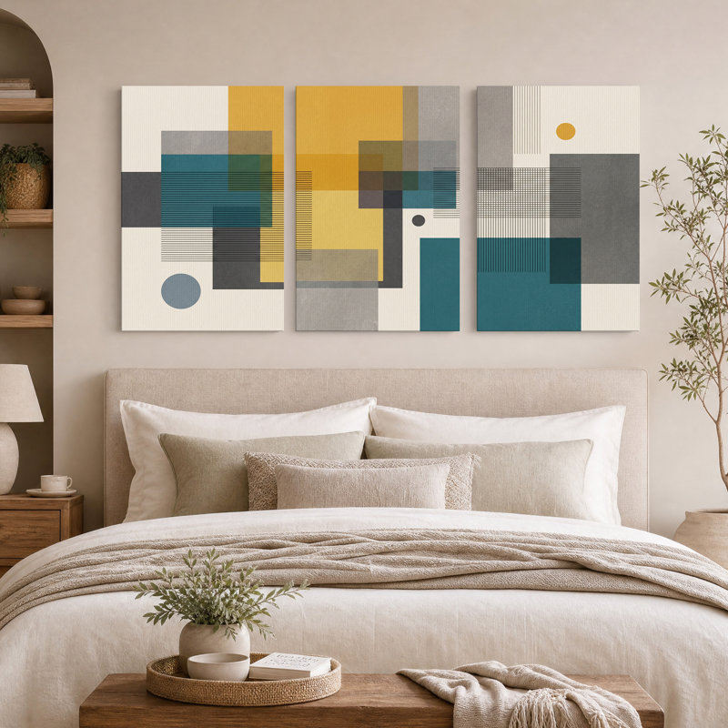 Ensemble de 3 toiles géométriques jaune moutarde et bleu sarcelle, 36"H x 24"W x 3pcs