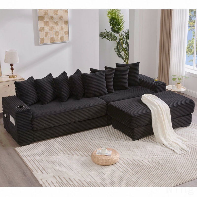 Canapé modulaire en L 110,75 po, canapé modulaire en velours côtelé, avec repose-pieds mobile, porte-gobelets, 8 coussins décoratifs, poche latérale, déplier dans un lit, noir