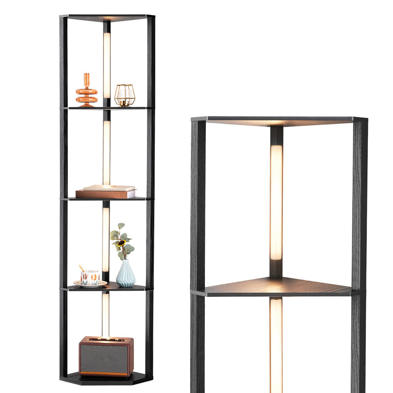 Carrye 64'' LED Dimmable Cornor Floor Lamp with Shelves, Black