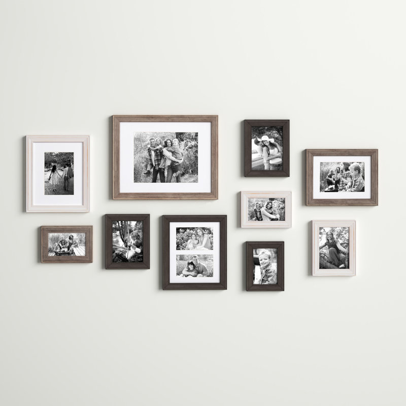 Rayburn Solid + Manufactured Wood Picture Frame - Set of 10 with Mat, White Wash/Charcoal Gray/Rustic Gray