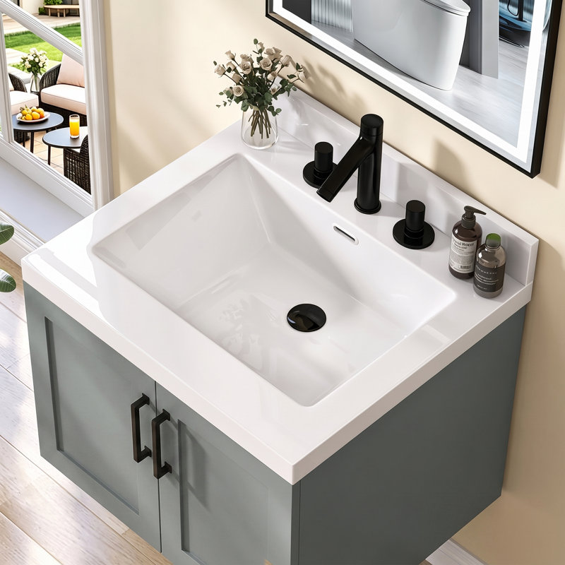 Plan de toilette en surface solide de 61 cm (L) × 56 cm (P) avec lavabo central simple intégré, blanc, dosseret de 9 cm et 3 trous prépercés pour robinetterie à entraxe de 20 cm.