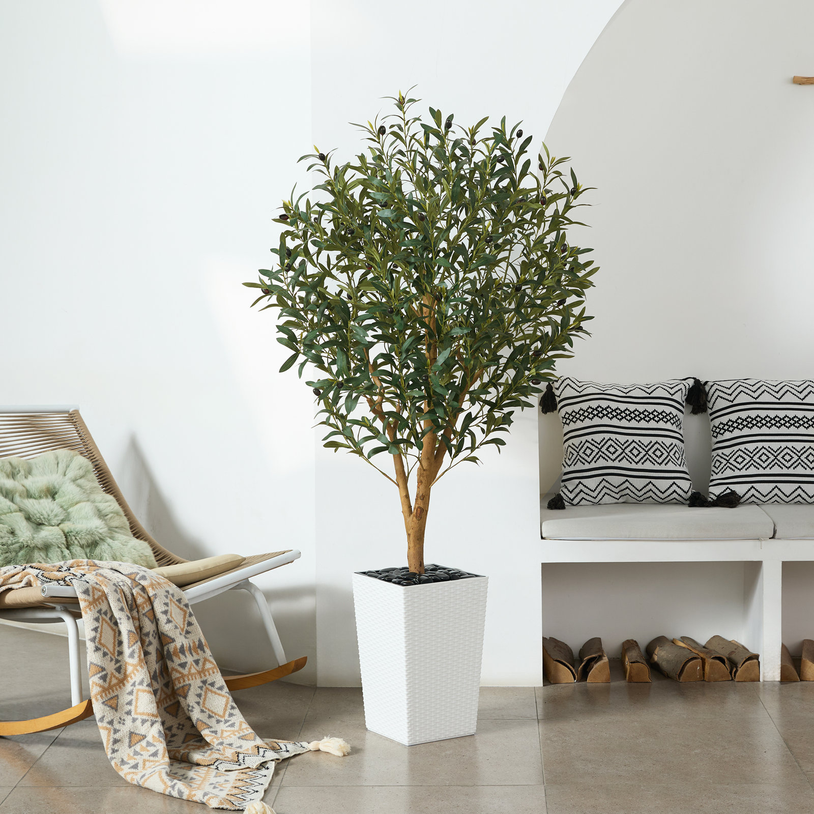 George Artificial Olive Tree with Decorative Pot, UV Resistant Faux Olive Tree with Natural Trunk, 60" H x 20" W x 20" D