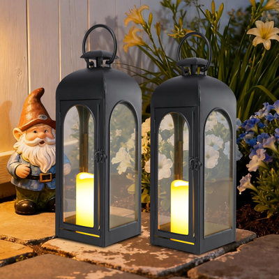 Grande lanterne en métal noir avec bougie à DEL télécommandée - Décoration rétro sans flamme pour patio, porche, jardin et maison d'intérieur