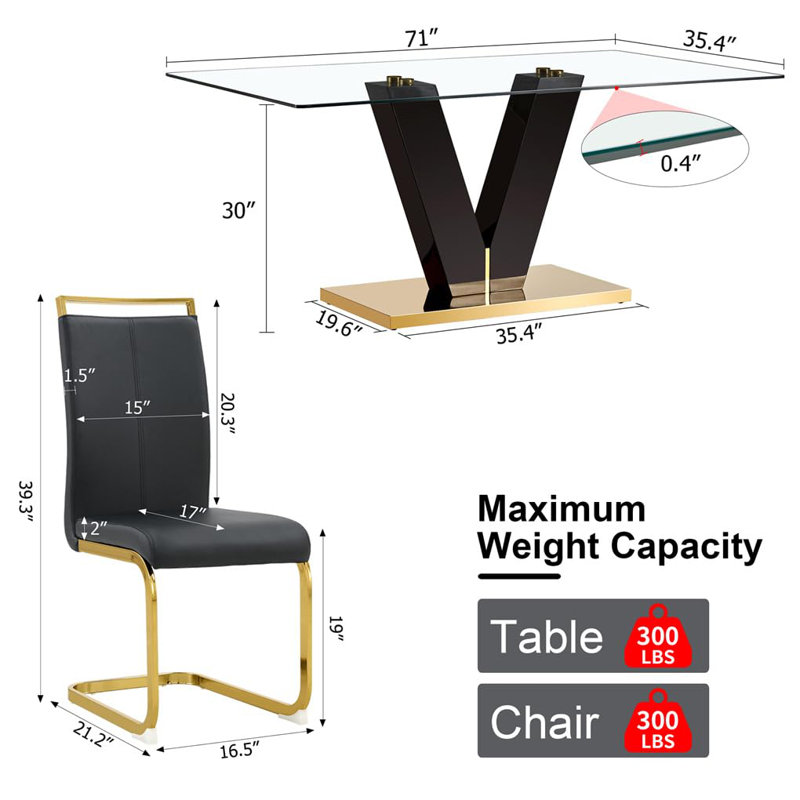 71" Glass Top Dining Room Table Set for 8, Sturdy Kitchen Table Set with Upholstered Chairs, 9 Pieces: Table, 8 Chairs, Black