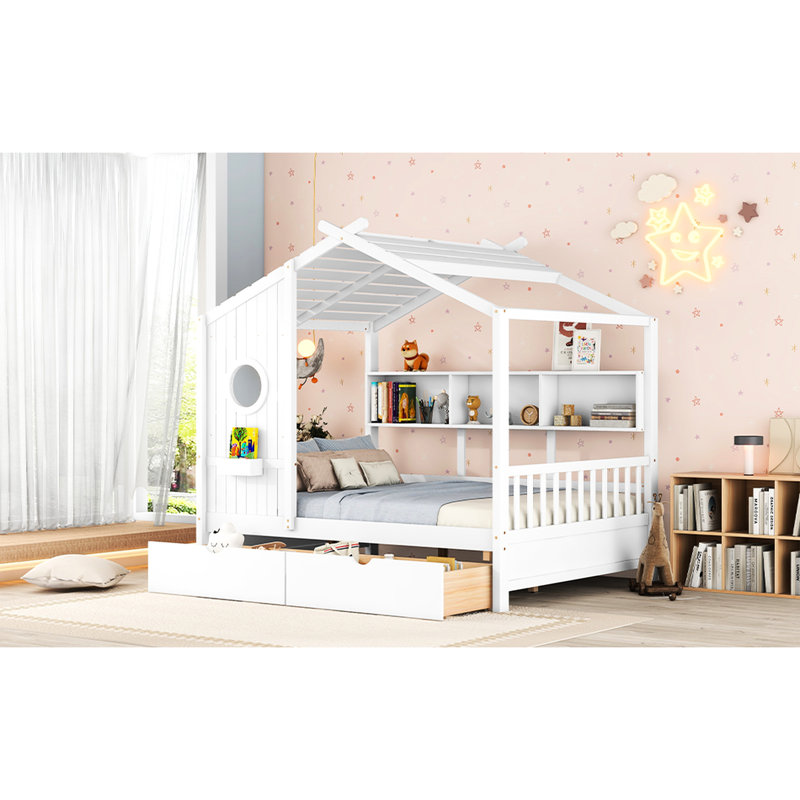Lit en bois avec 2 tiroirs, une étagère de rangement et un toit, maison spacieuse blanche pour - dimensionnée, tiroirs pratiques