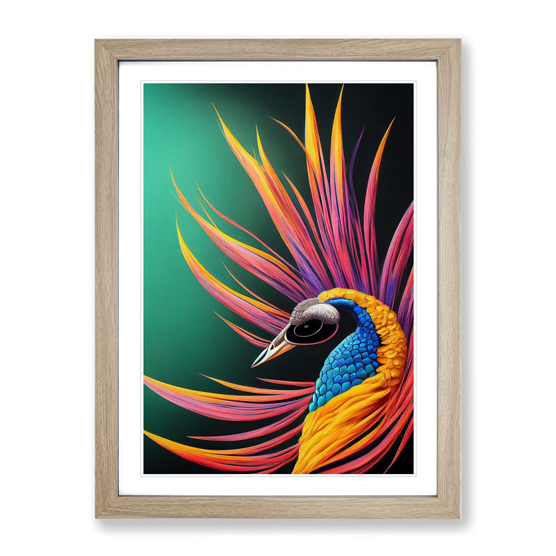 Bold Peacock Art No.5 - Print, 36cm H x 27cm W x 2cm D, Oak Framed, White