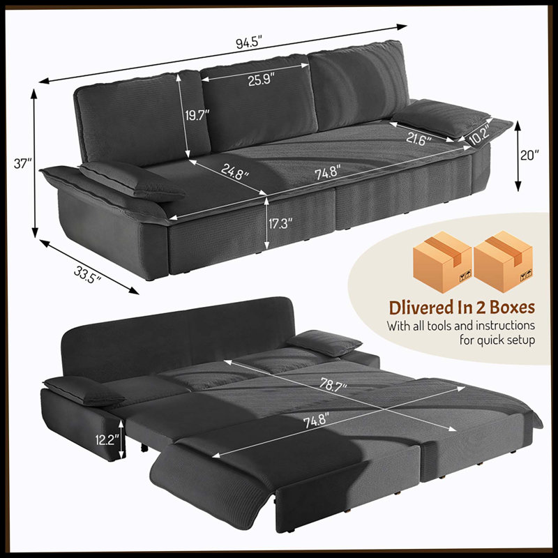 94.5" King Size Pull Out Sofa Bed,3-In-1 Convertible Sleeper Sofa,Multi-Functional Corduroy  Bed,Grey, Gray