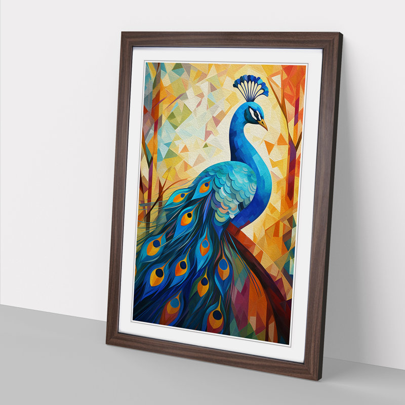 Peacock Cubism - Single Picture Frame Print on Wood, Walnut Framed, 46cm H x 34cm W