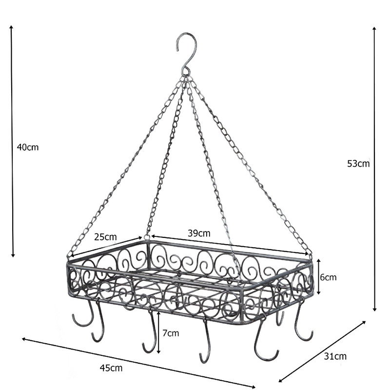 Metal Handcrafted Rectangle Hanging Pot Rack, 45cm W x 31cm D