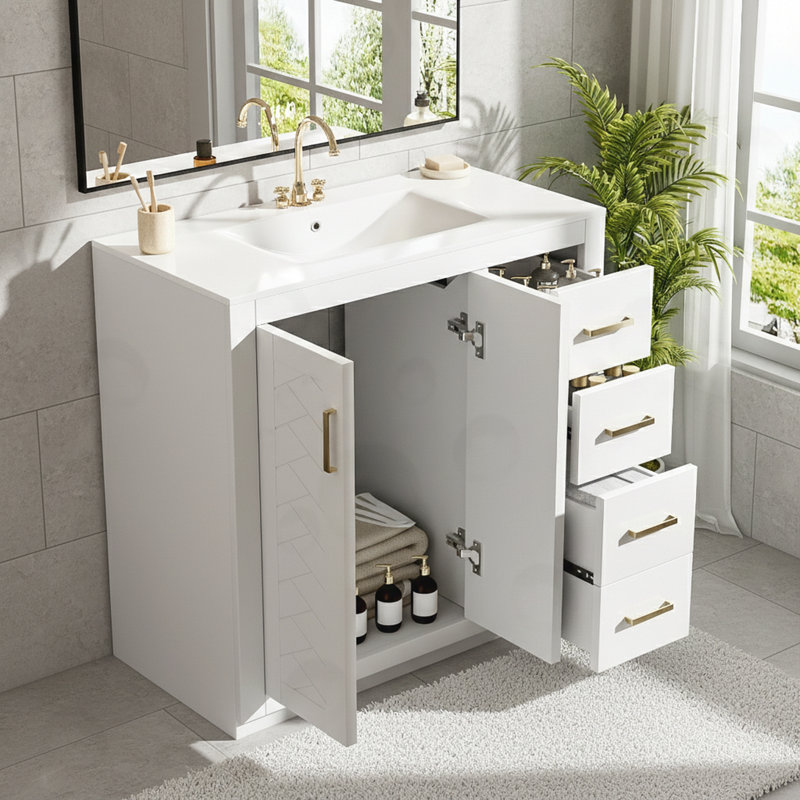 Bathroom Vanity with Ceramic Sink Combo, 3 Drawers, White