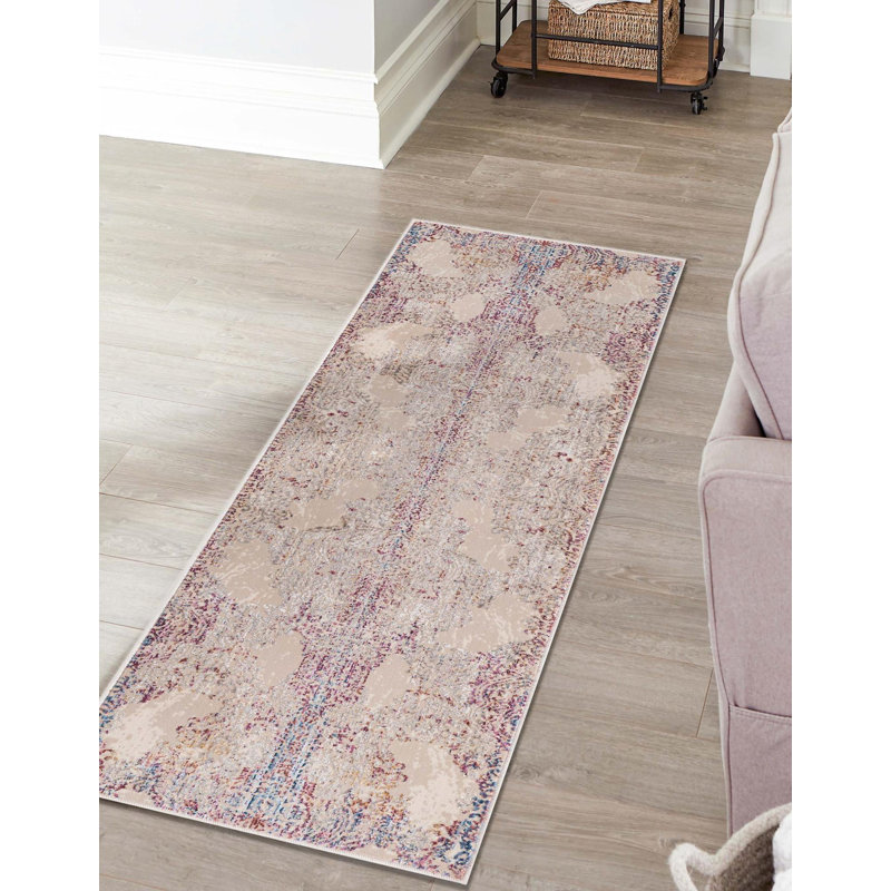 Tapis contemporain Orianthi de couleur ivoire-mauve, Tapis de couloir 2 pi x 6 pi