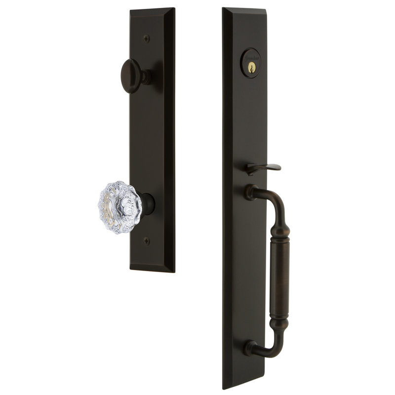 Fifth Avenue Handleset with Single Cylinder Deadbolt and Fontainebleau Door Knob and Rosette, Timeless Bronze, 2.75"