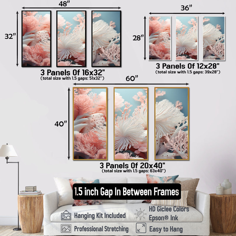 Anemone Garden - Ensemble de décorations murales corail sous l'eau, Cadre flottant noir, H 28 po x l 36 po x P 1 po