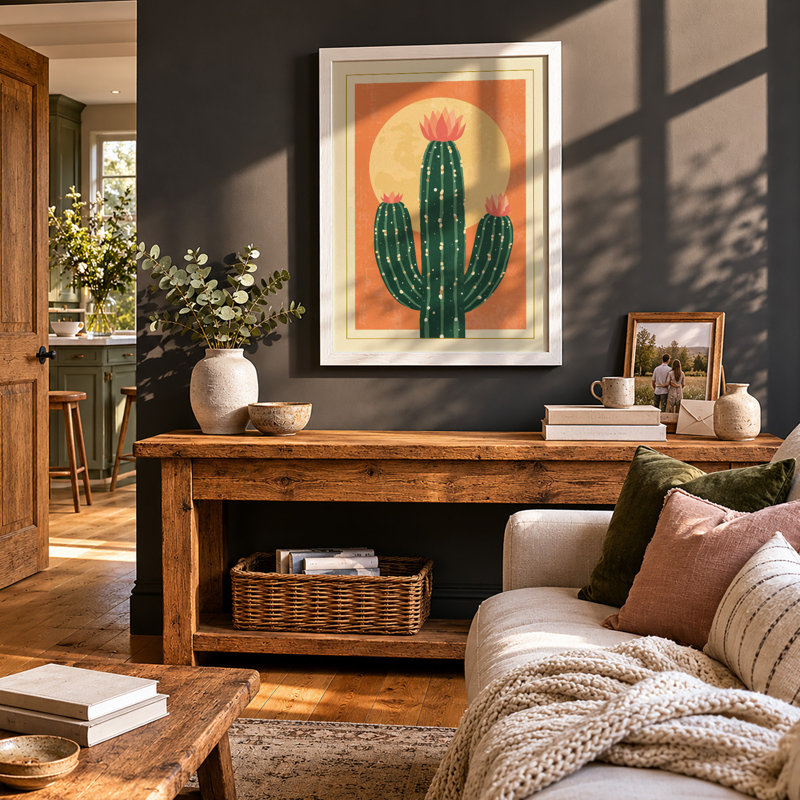 Saguaro at Sunrise Retro - Framed Print, A4 - 29.7 x 21.0 cm, White
