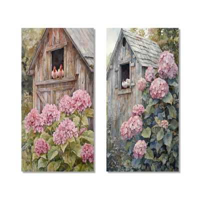 Hortensias et poulets dans la cour I - ensemble de 2 reproductions d'art mural en métal